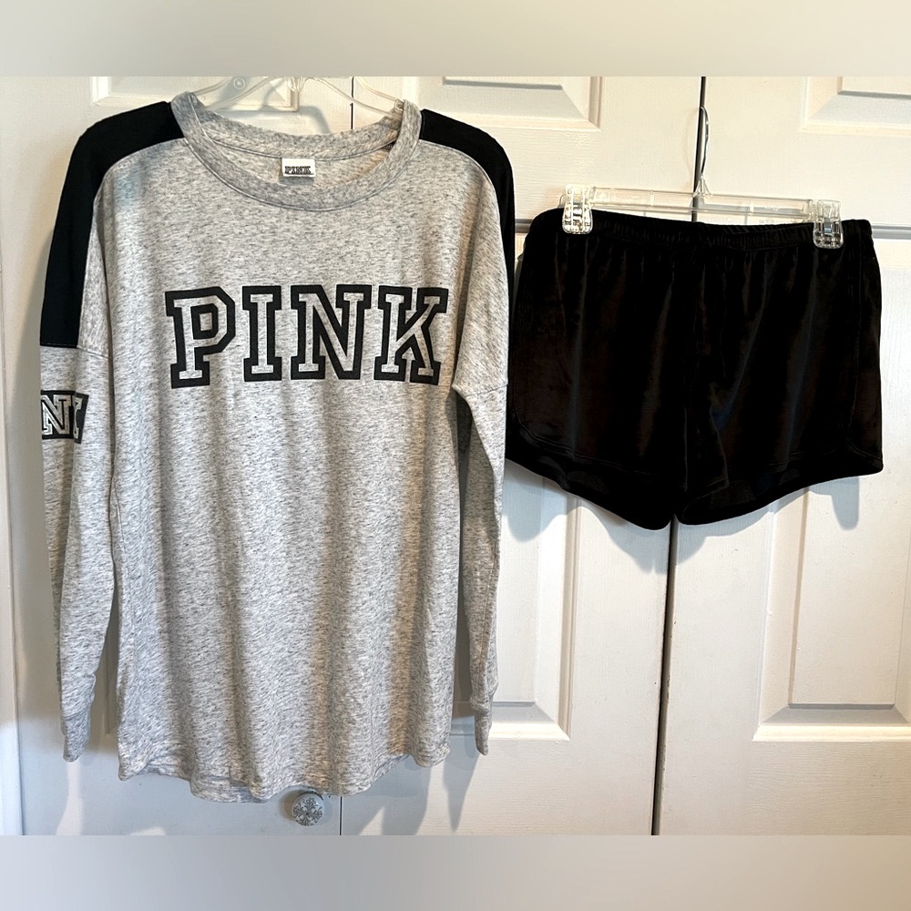 2 Pc Set ! 🩷PINK Long Sleeve Top & Solid Black Velvety C. Rowley Shorts